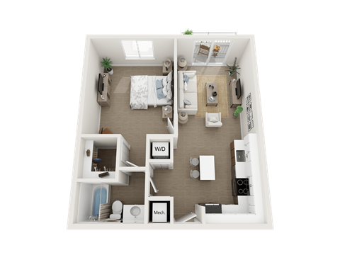 Floor plan for 1 bed, 1 bath, 661 sqft
